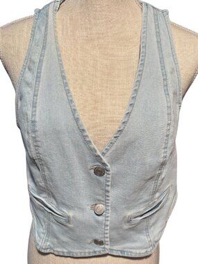 Refuge Denim Cropped Vest Light Wash Button Front Y2K Western Festival Top L